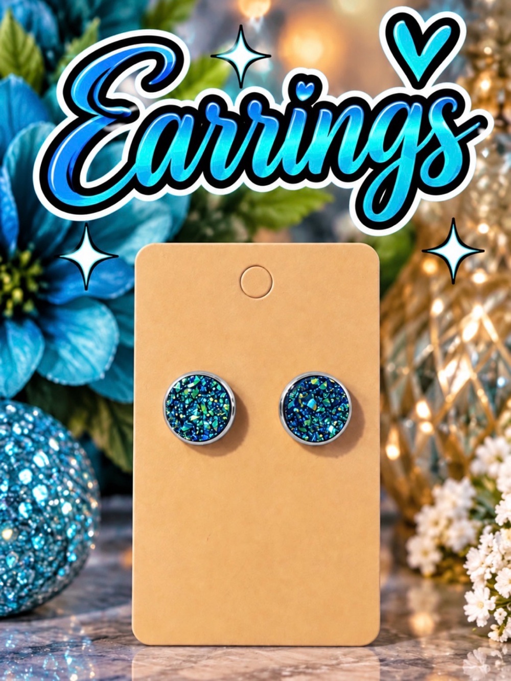 Blue Druzy Stud Earrings